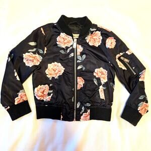 Sz 5/6 URBAN REPUBLIC Girls Black Satin Pink Roses Long/Sleeve Baseball Jacket